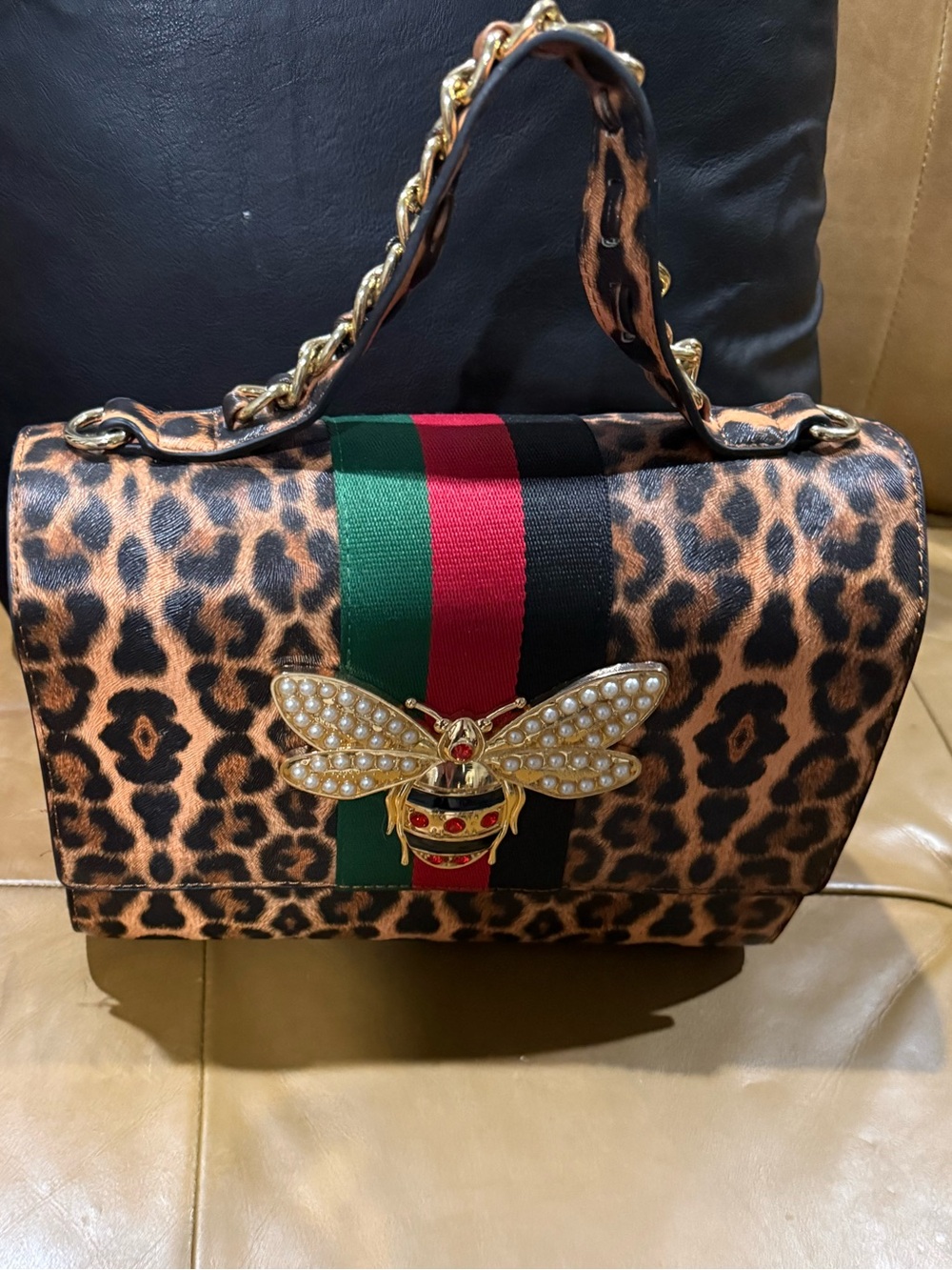 Leopard Print Structured Top-Handle Bag with Bee Accent